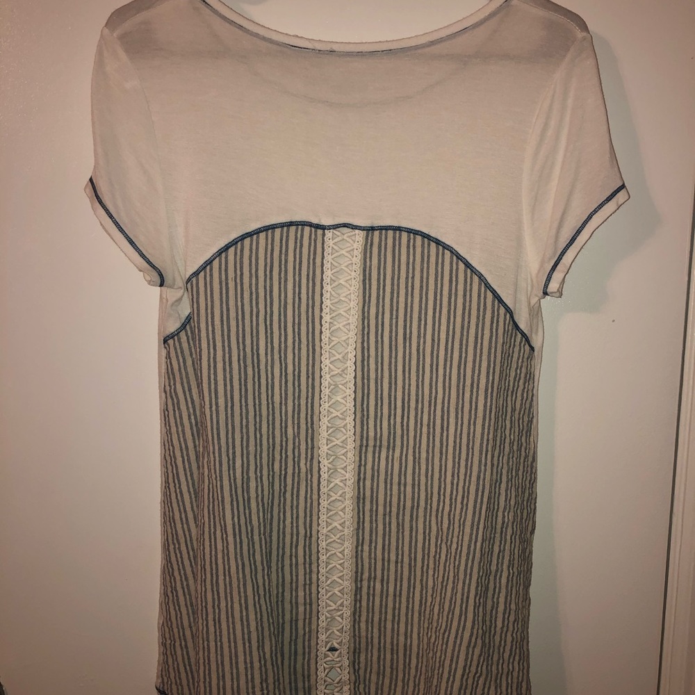 White blouse with blue knit detail